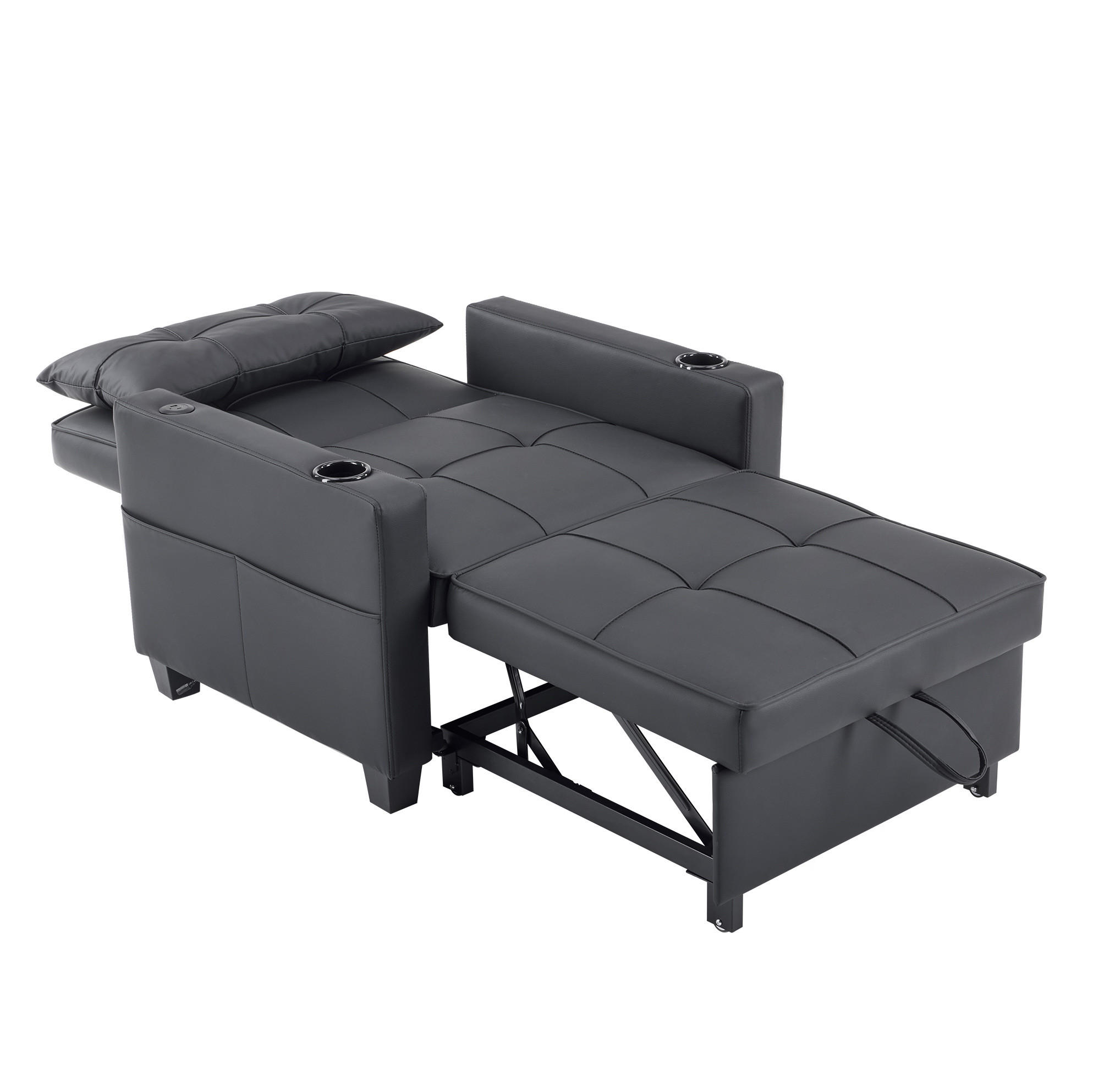 SCHLAFSESSEL aus Holz und Metall Schwarz 3-in-1 mit verstellbarer Rückenlehne, USB-Anschluss und Getränkehaltern - Schwarz, Holz (87/84/74cm) - Modfu