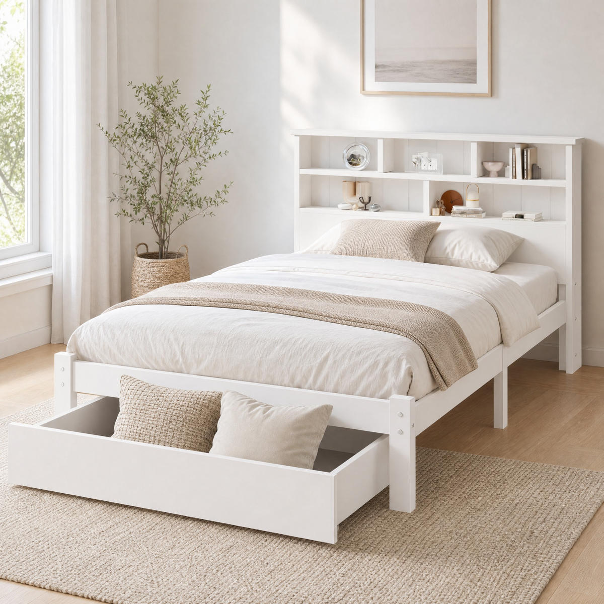 BETT 90/200 cm in Weiß mit Schubladen und Regal Bücherregal-Design - Beige/Weiß, Holzwerkstoff (90/200cm) - STILVORA