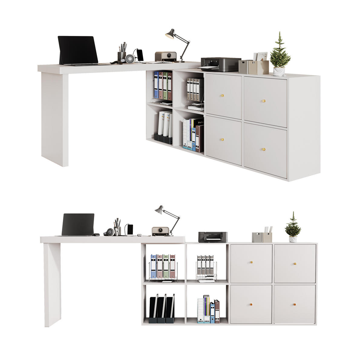 ECKSCHREIBTISCH 360° schwenkbar mit Sideboard und 4 Schubladen - Weiß, Holzwerkstoff (48/120/78cm) - Gisaae