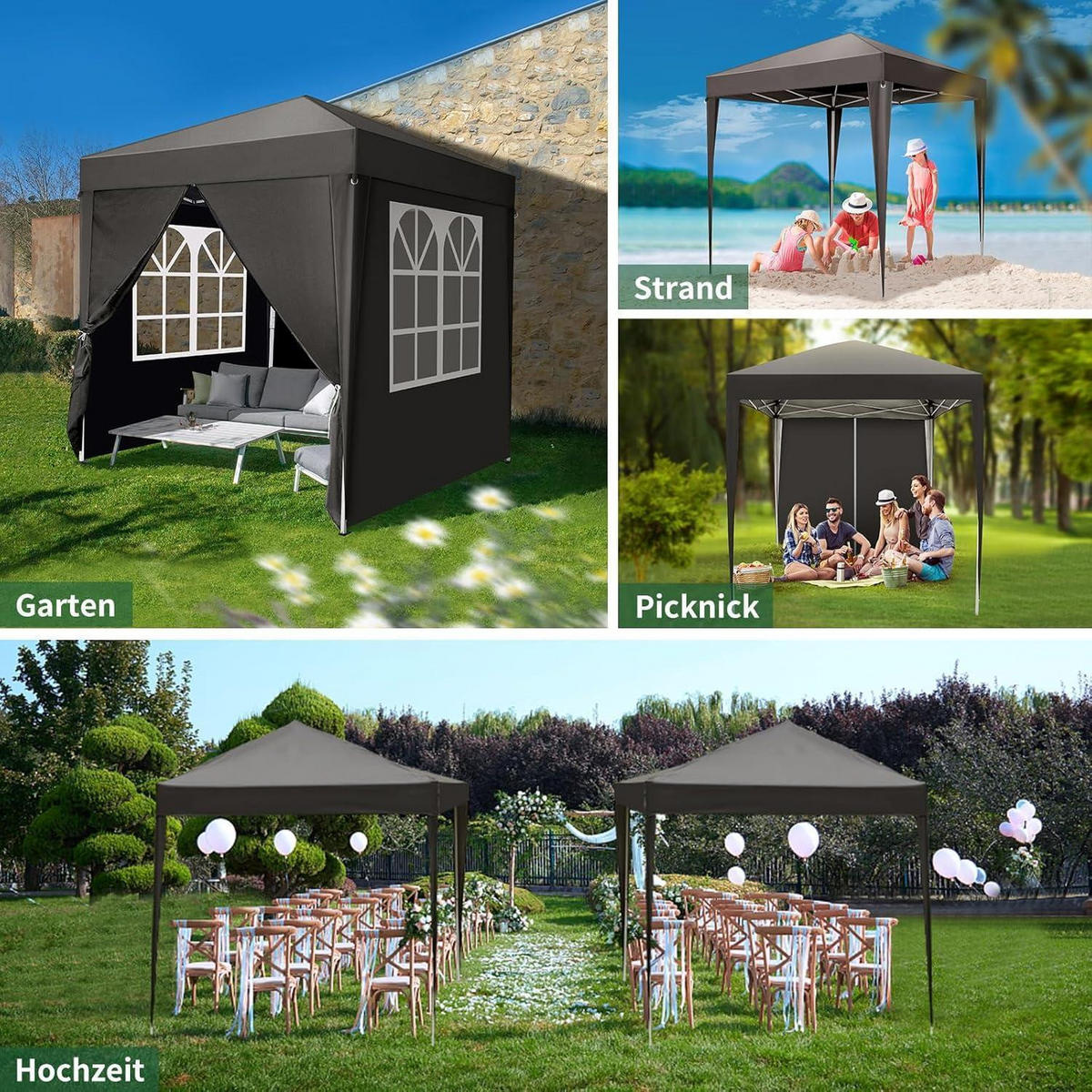 FALTPAVILLON 2 x 2 m Grau mit 4 Seitenteilen - Schwarz, Textil (200/255/200cm)