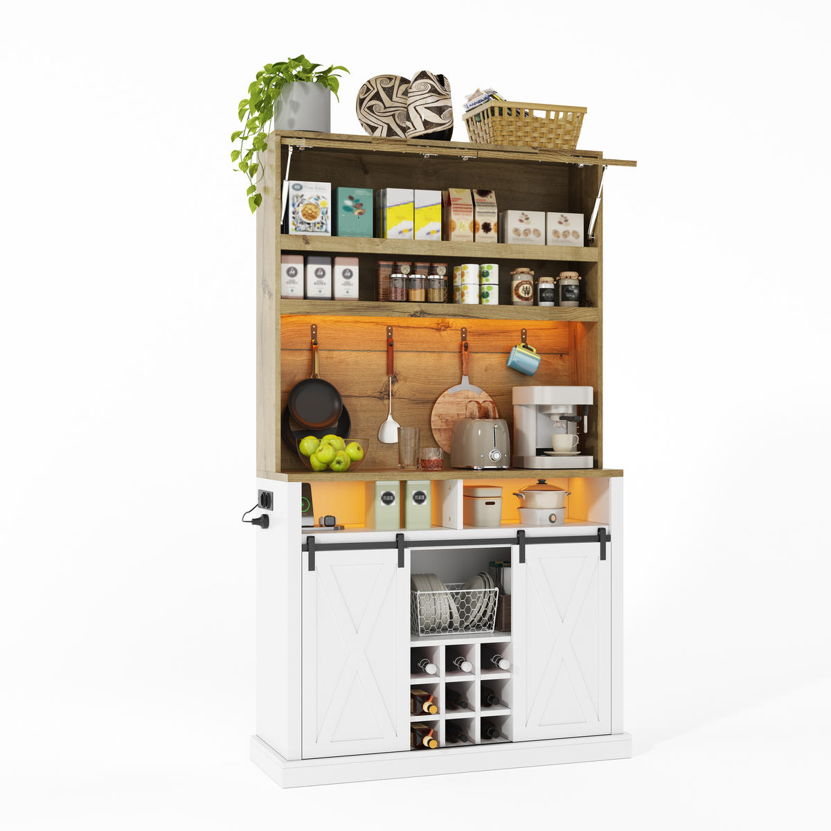 BUFFET 191 cm MDF Natur Weiß mit Vitrine, Weinregal und RGB-LED - Weiß, Holzwerkstoff (40/191/110cm) - Korfee