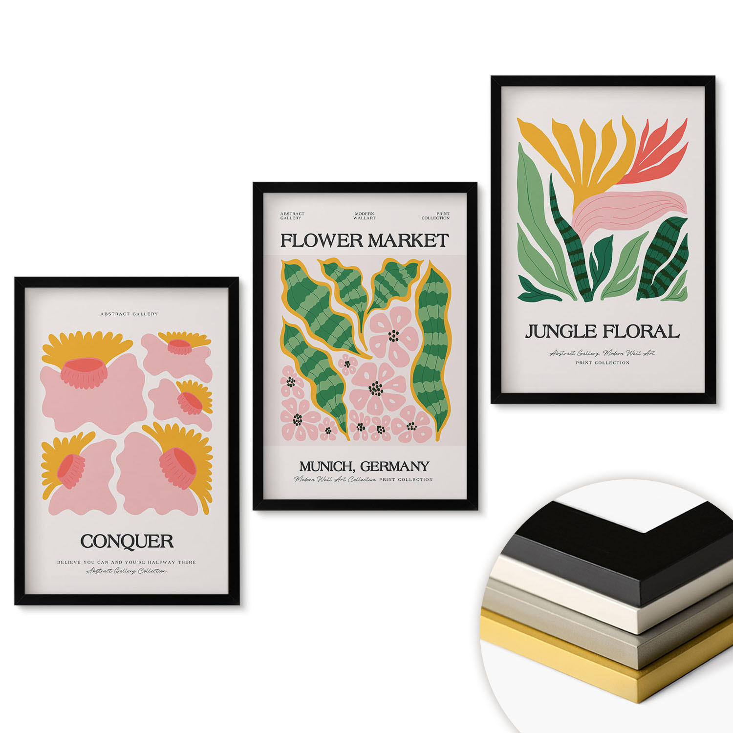 WANDBILDER 3er-Set - 40x60 cm Schwarzer Rahmen - Blumen und Blätter – moderne Poster - Schwarz, Kunststoff (40/60cm) - ArtPrintCave
