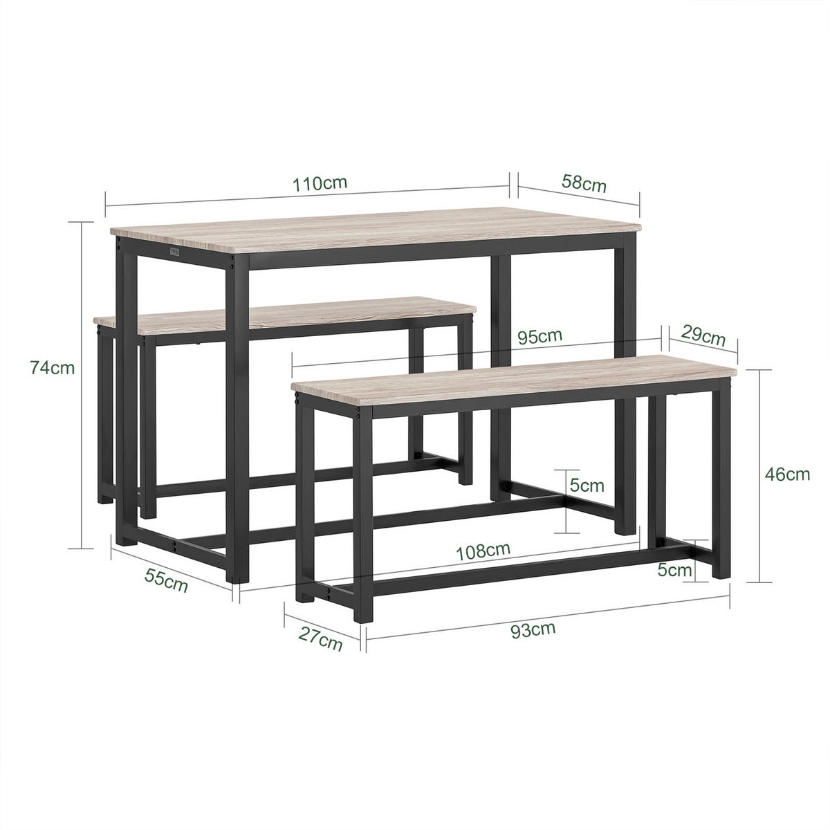 ESSTISCH + 2 x SITZBÄNKE - Naturfarben, Holzwerkstoff/Metall (110/74/58cm) - SoBuy