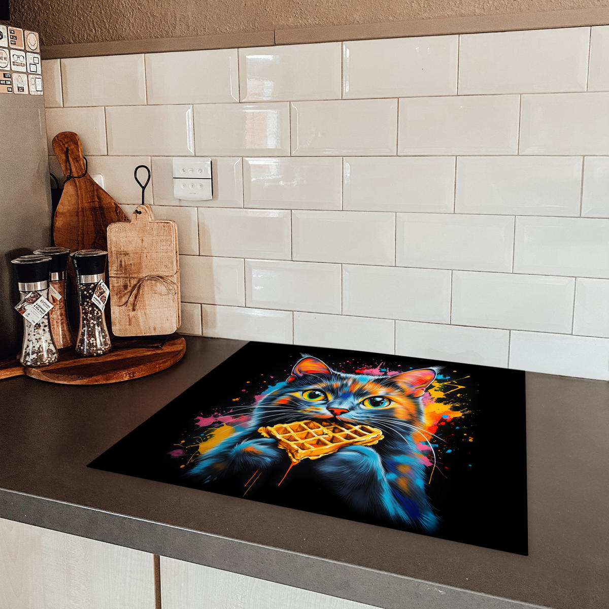 HERDABDECKPLATTE Katze - Graffiti - Bunt - Waffel - Essen Herdabdeckung Induktionsfeld 60x52 cm - Multicolor, Kunststoff (60/52/0.2cm) - MuchoWow