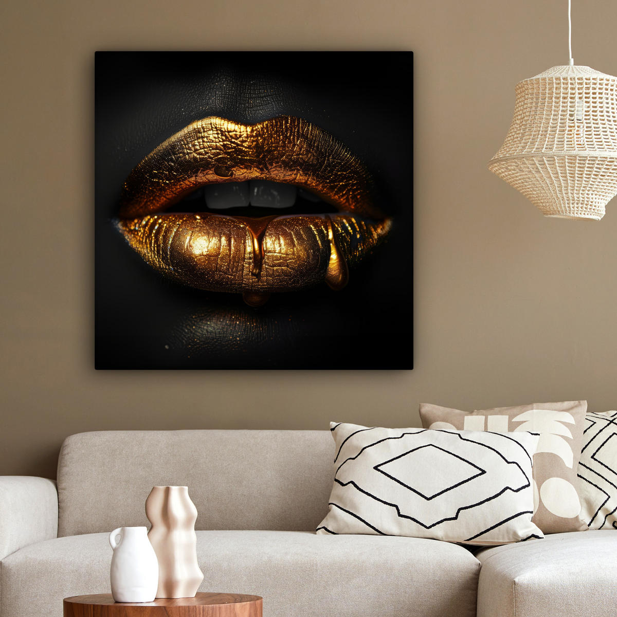 LEINWANDBILD Frau - Porträt - Lippen - Gold - Schwarz 90x90 cm - Schwarz, Textil (90/90cm) - MuchoWow