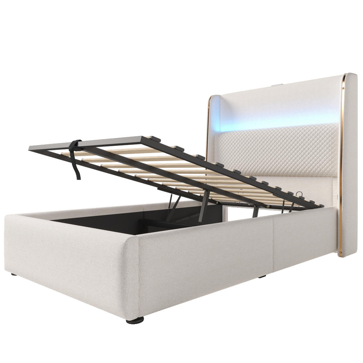 POLSTERBETT 90/200 cm Beige aus Leinen mit LED und Stauraum - Beige, Textil (90/200cm) - OKWISH