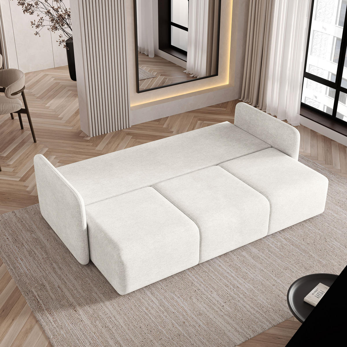 BETTSOFA SUVI III NV Creme Geflochtener Stoff mit Schlaffunktion - Creme, Textil (90/85/220cm) - MASSENO