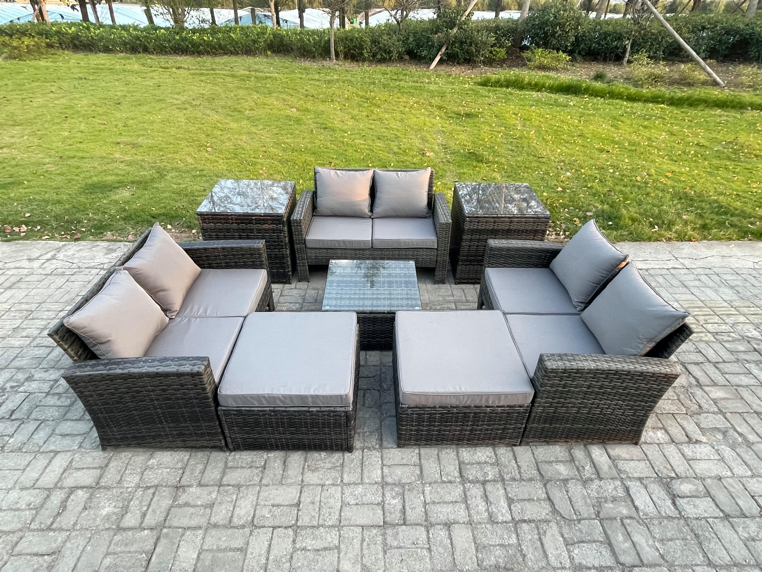 GARTENMÖBEL-SET mit Kissen Polyrattan Dunkelgrau 8-Sitzer - Dunkelgrau, Metall - Fimous
