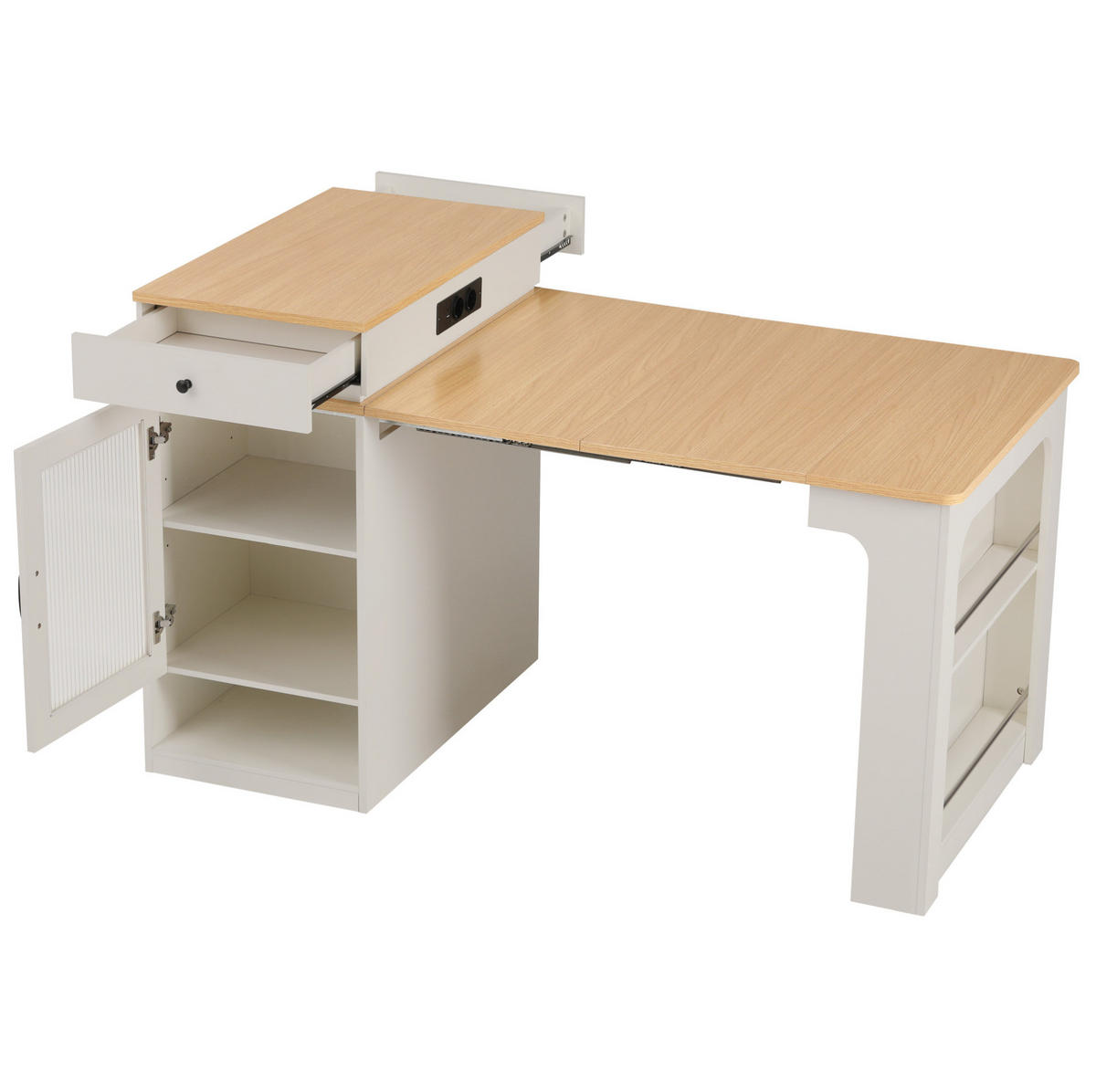 KÜCHENINSEL 80/71-111-151/92 cm aus MDF und Glas mit ausziehbarem Tisch, Steckdosenleiste und Stauraum, Weiß/Natur - Weiß, Holzwerkstoff (151/92/80cm) - Redom