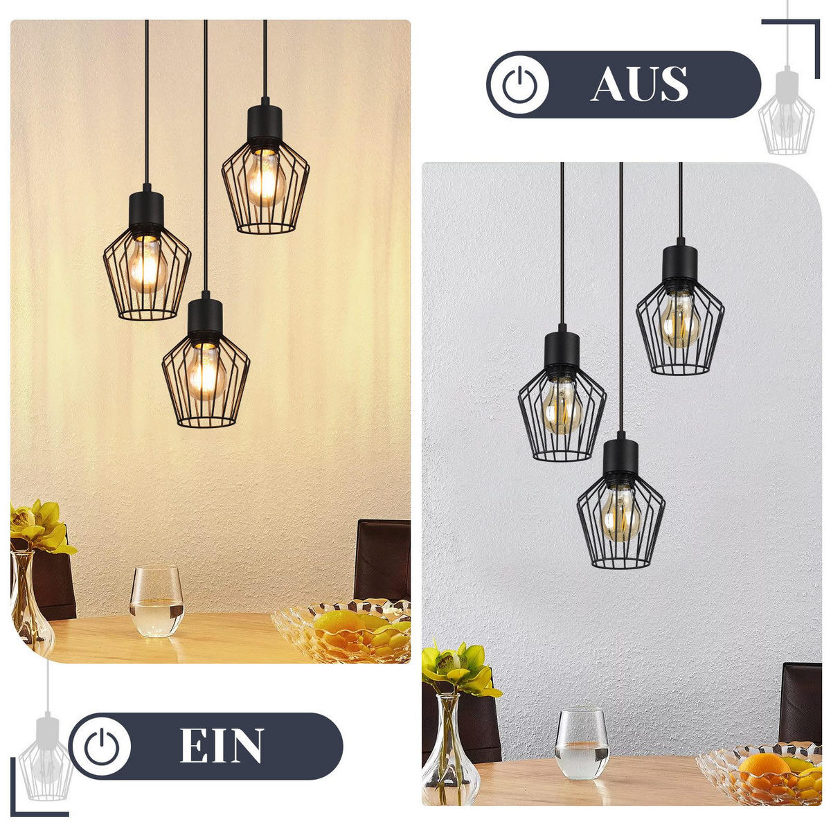 HÄNGELEUCHTE Ziel 3-flammig 22/22/150 cm - Schwarz, Metall (22/22/150cm) - Nettlife