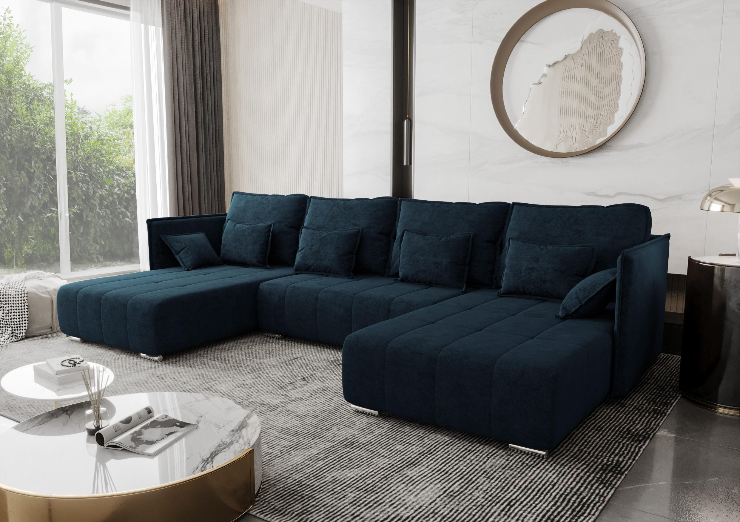 WOHNLANDSCHAFT Florinna Blau 345/182/87 cm mit Schlaffunktion - Chromfarben/Dunkelblau, Textil/Metall (345/87/182cm) - AX Living