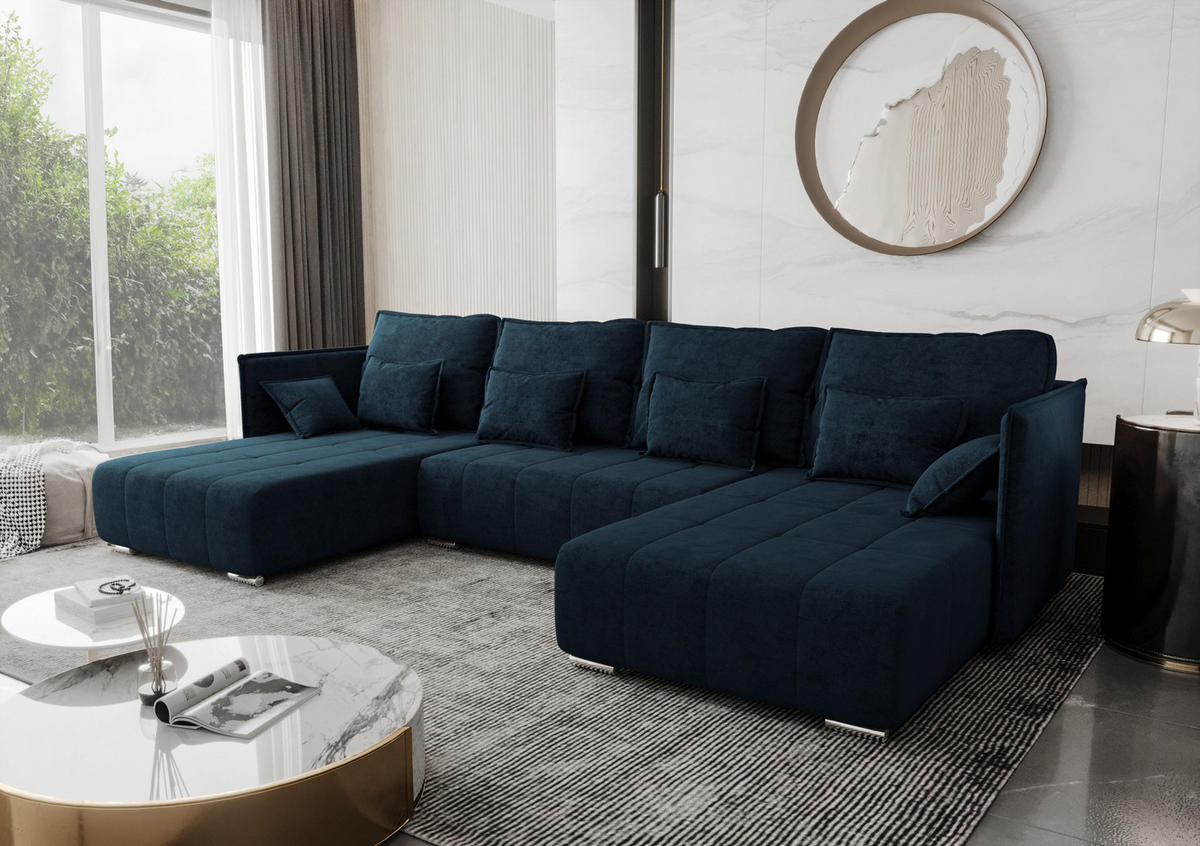 WOHNLANDSCHAFT Florinna Blau 345/182/87 cm mit Schlaffunktion - Chromfarben/Dunkelblau, Textil/Metall (345/87/182cm) - AX Living