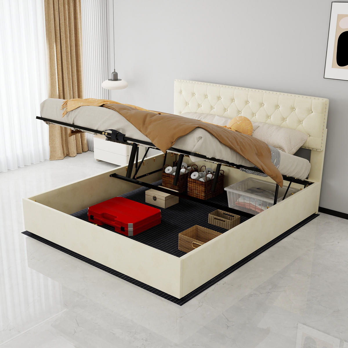 STAURAUMBETT 160/200 cm DE-35445 mit Gaslift-Staufach Beige - Beige, Metall (160/200cm) - ComfortXL