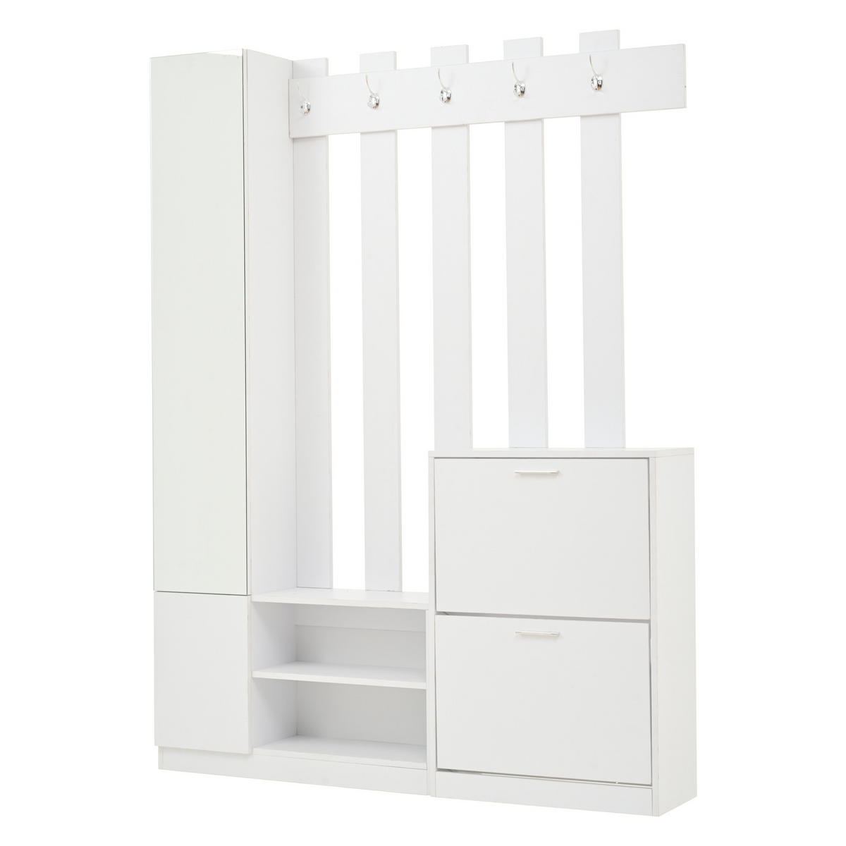 GARDEROBE mit Spiegel 5 Haken 2 Schuhschränken und Stauraum Weiß 135/25/180 cm - Weiß, Holzwerkstoff/Metall (135/180/25cm) - EVRYAE