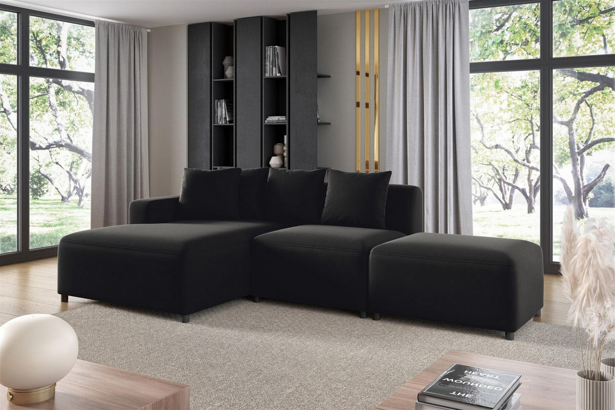 ECKSOFA Megan Xs In Stoff Salvador - Schwarz, Holzwerkstoff/Textil (304/165cm) - Fun Möbel