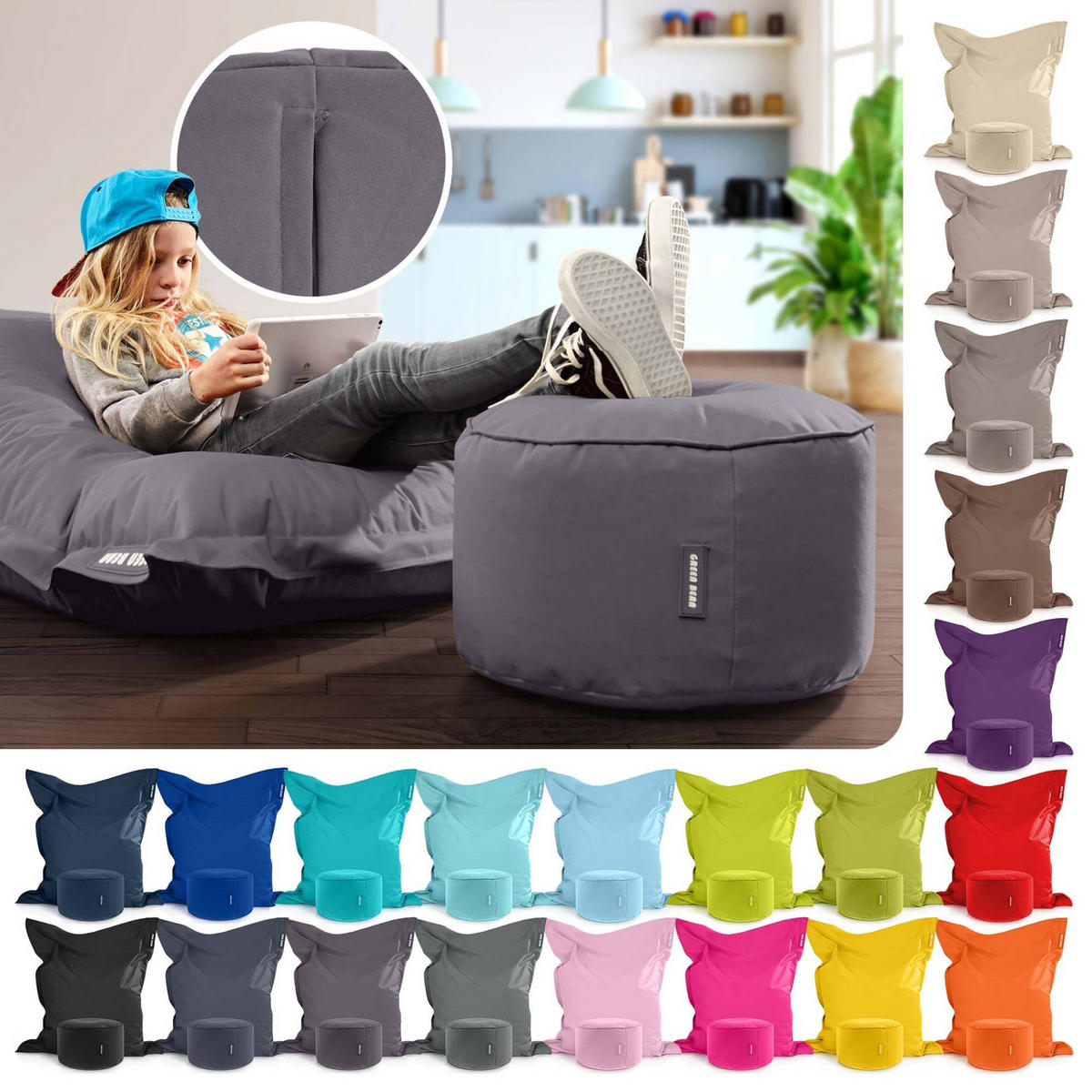 XXL-SITZSACK + Pouf 2er Set - 140x180cm - Anthrazit, Textil (140/25/180cm) - Green Bean