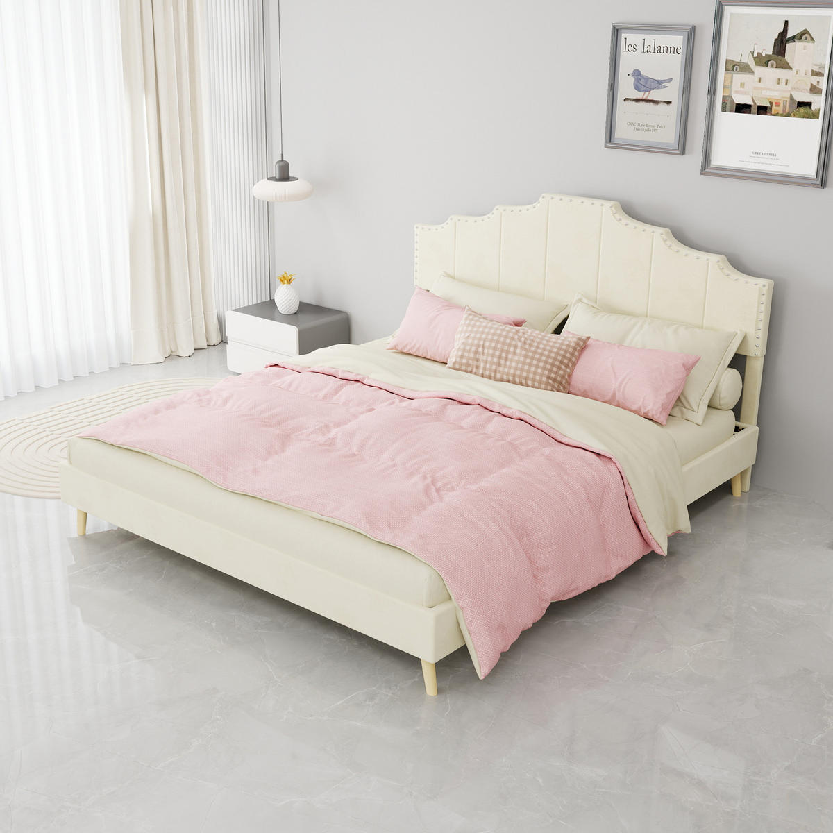 POLSTERBETT 160/200 cm in Beige mit Gepolstertem Kopfteil Stoff Geometrischem Design - Beige/Naturfarben, Holzwerkstoff/Textil (160/200cm) - STILVORA