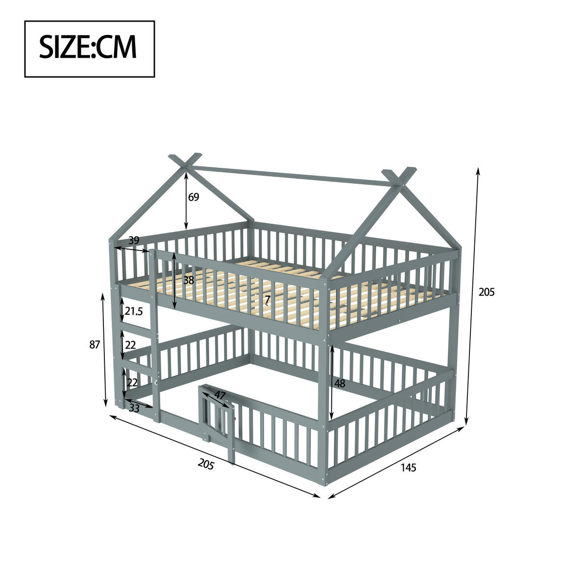 HAUSBETT 140/200 cm aus Massivholz mit Treppe in Grau - Grau, Holz (140/200cm) - BEAOK