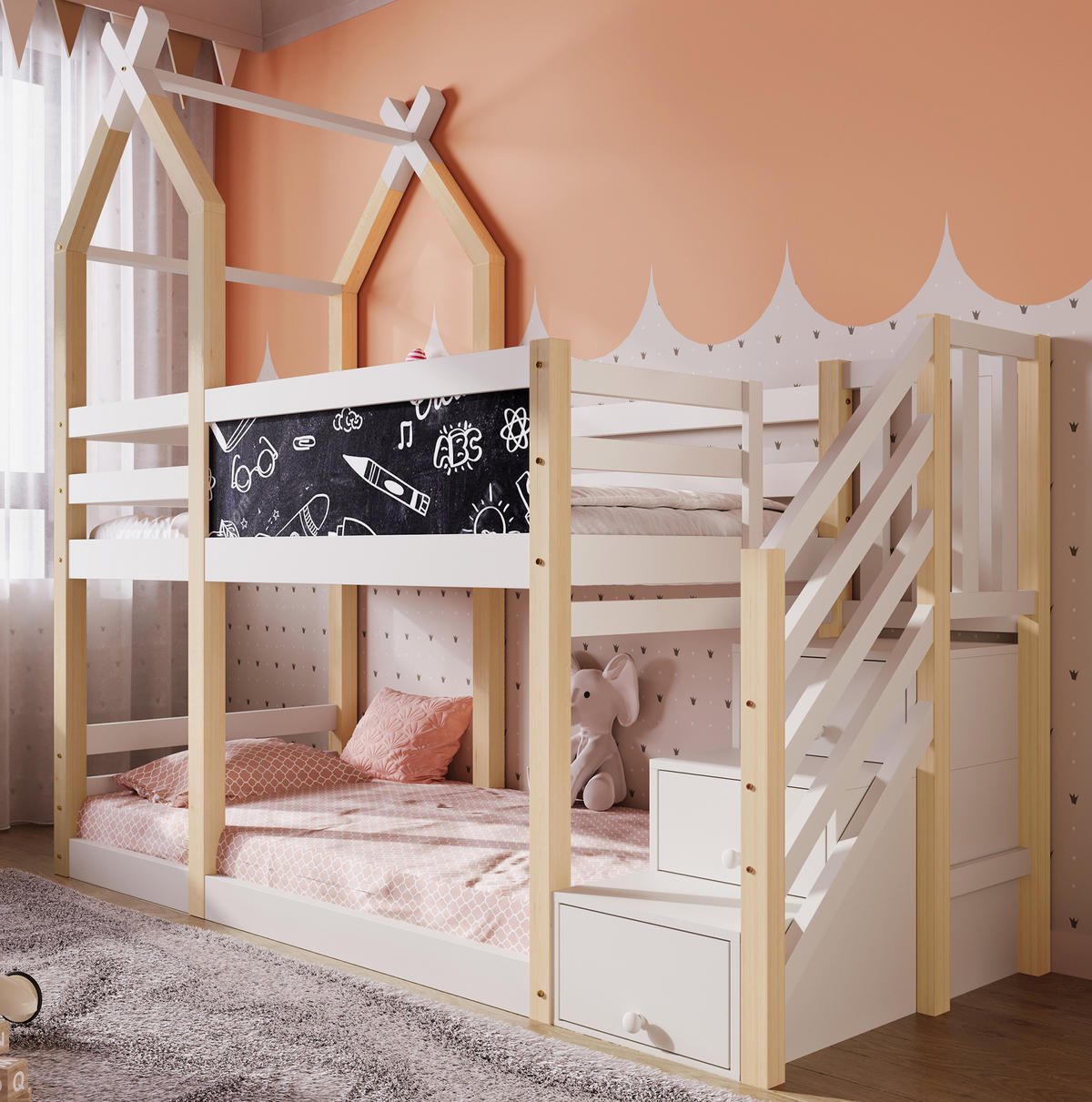 HOCHBETT aus Kiefer-Massivholz und MDF 90x200 cm Weiß mit Stauraumtreppe und Tafel - Weiß, Holzwerkstoff (90/200cm) - IVMEU