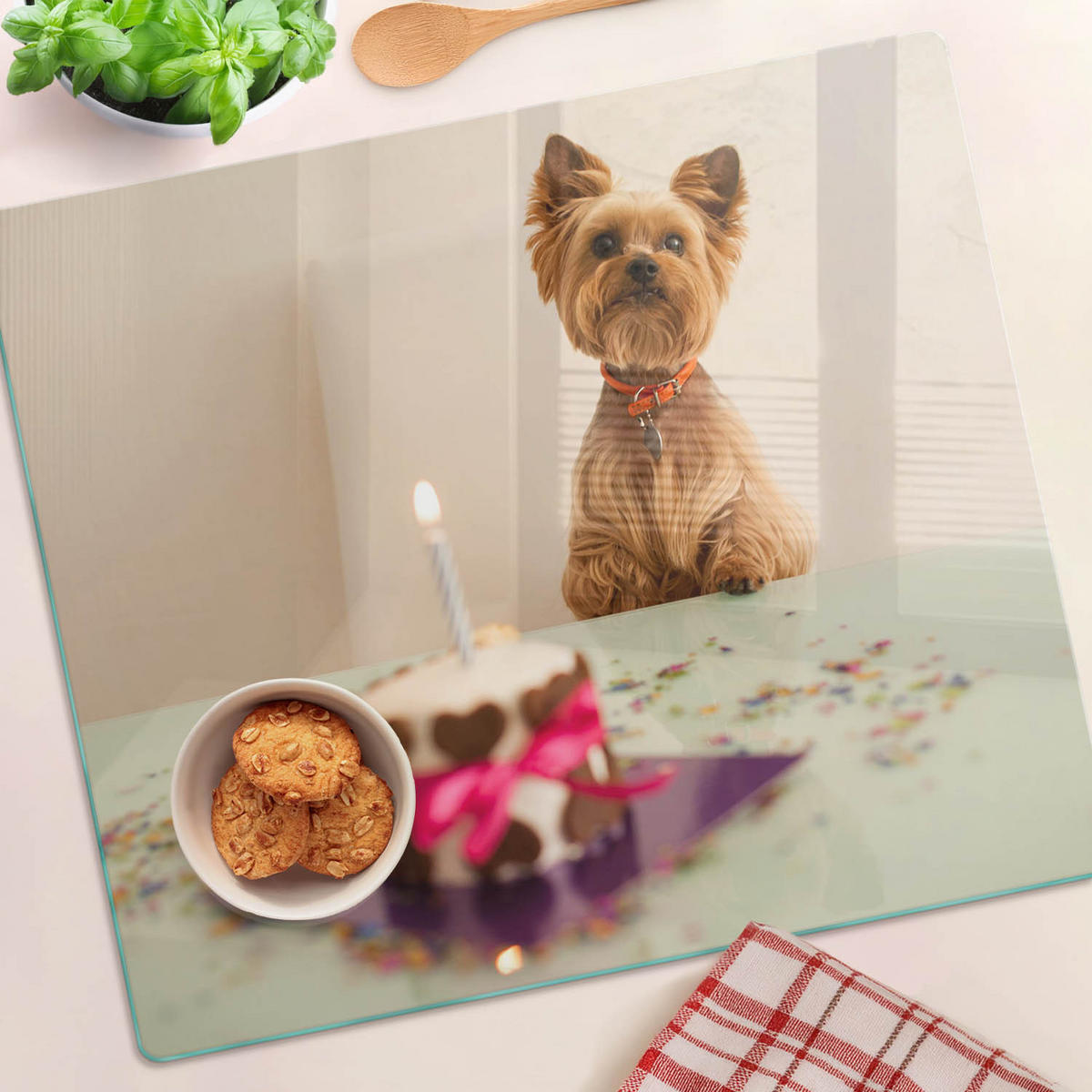 GLASPLATTE 60x52 cm Hund mit Kuchen - Braun/Dunkelblau, Glas (60/52cm) - TULUP