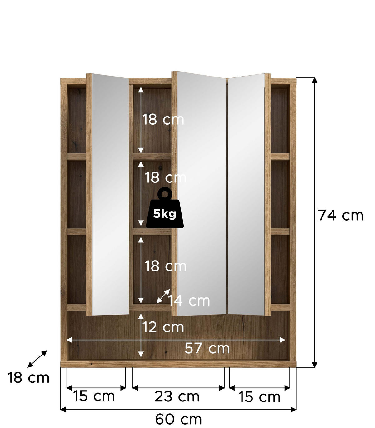 SPIEGELSCHRANK AQUA (B/H/T: ca. 60/74/18 cm) in Evoke Oak Nachbildung/Evoke Oak Nachbildung - Eichefarben, Holzwerkstoff (60/74/18cm)
