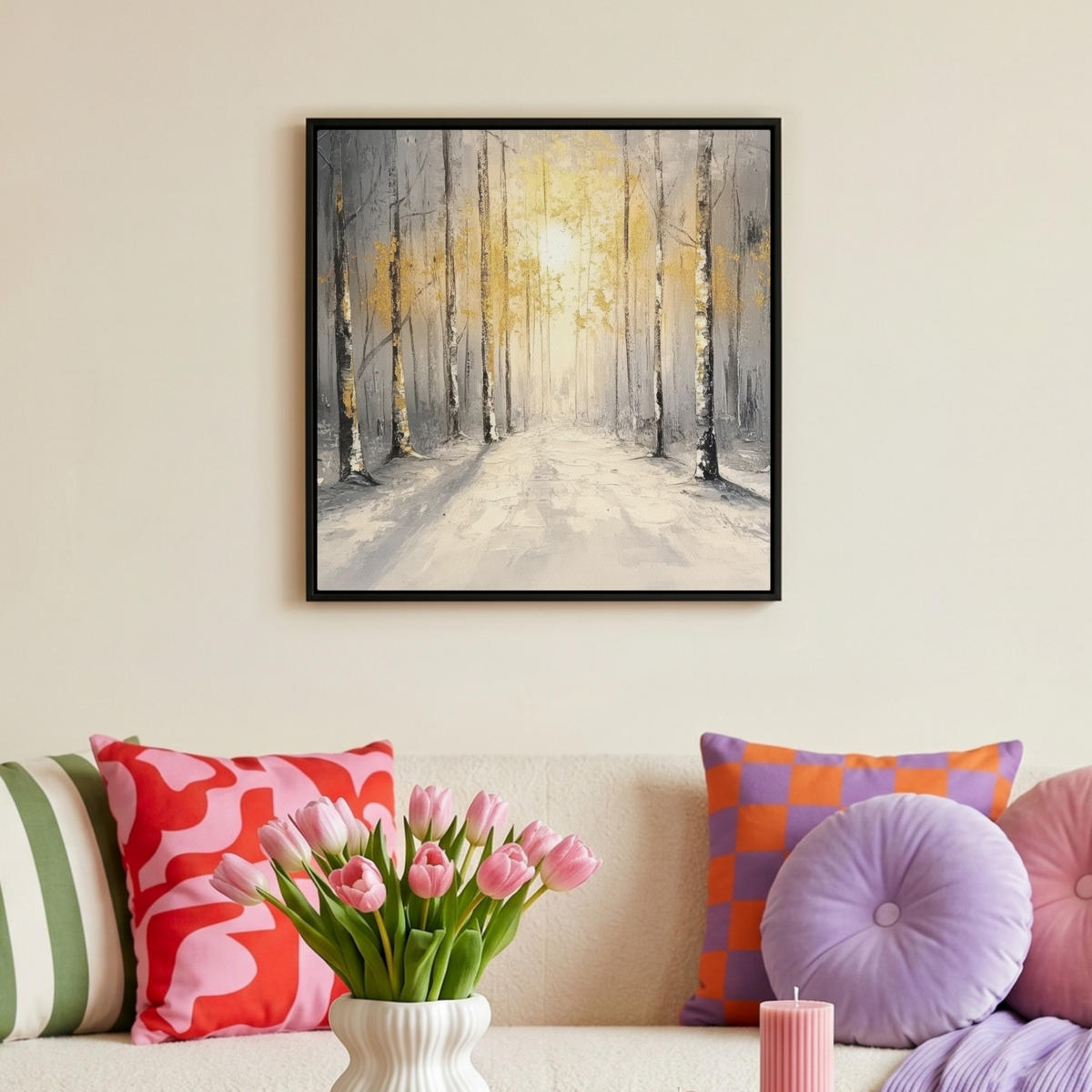 LEINWAND Bilder mit Rahmen - Winter - Abstrakt - Schnee - Natur - Sonne - 50x50 - Grau, Textil (50/50cm) - MuchoWow