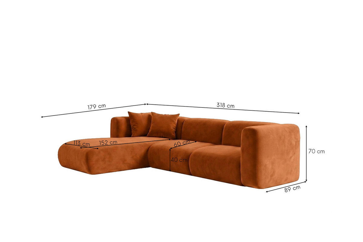 ECKSOFA L-Form, Velvet-Stoff Bluvel, Zimtfarbe, Links, GRETA - Orange, Holz (318/179cm) - Kaiser Möbel