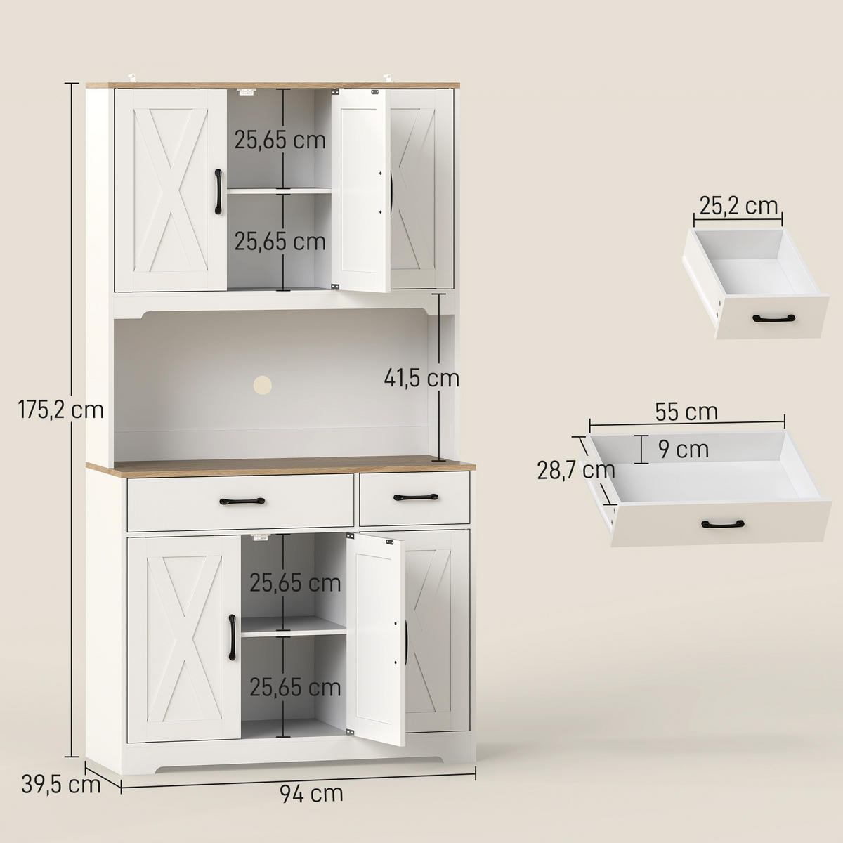 BUFFET DE-11231 6 Türen & 2 Schubladen mit Arbeitsplatte Weiß - Weiß, Holzwerkstoff (39.5/175.2/94cm) - ComfortXL