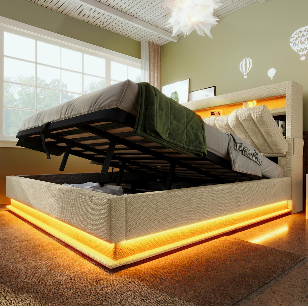POLSTERBETT aus Leinen 160x200 cm Beige mit Stauraum, LED-Beleuchtung und USB-/Typ-C-Anschlüssen - Beige, Textil (160/200cm) - IVMEU