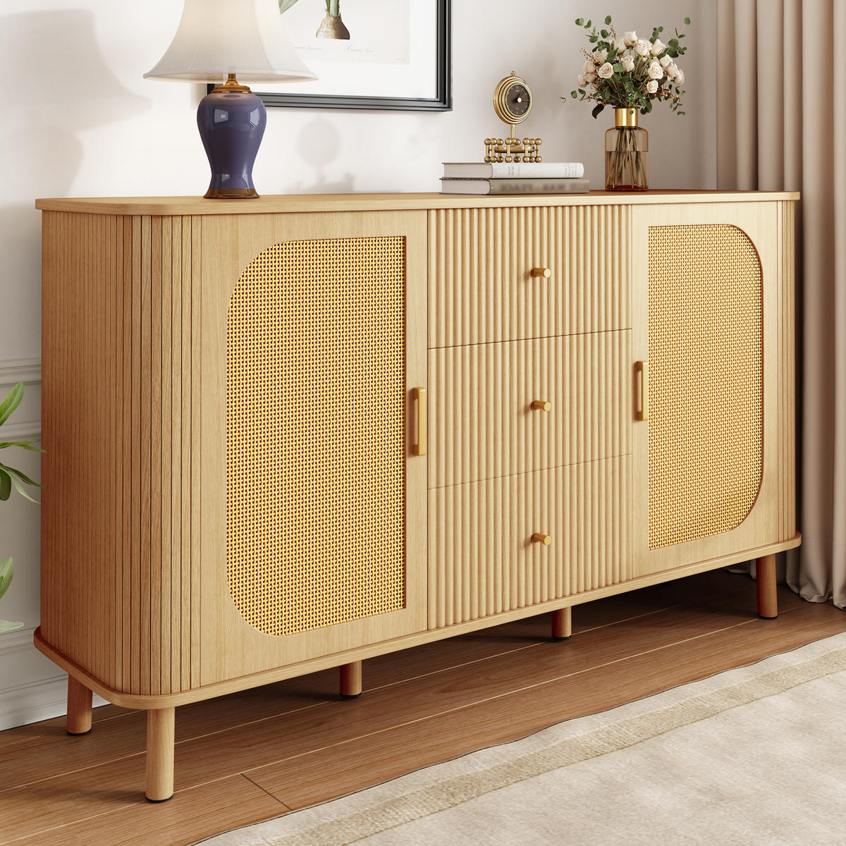 SIDEBOARD 140/40/80 cm in Natur mit Rattantüren und 3D-Wellenschubladen - Naturfarben, Holzwerkstoff (140/80/40cm) - Flora Grace
