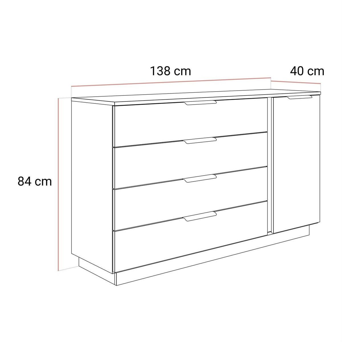 KOMMODE LINA KASCHMIR 1D4S mit LED-Beleuchtung auf Sockel Schwarz - Kaschmir, Holzwerkstoff (138/84/40cm) - Lookway