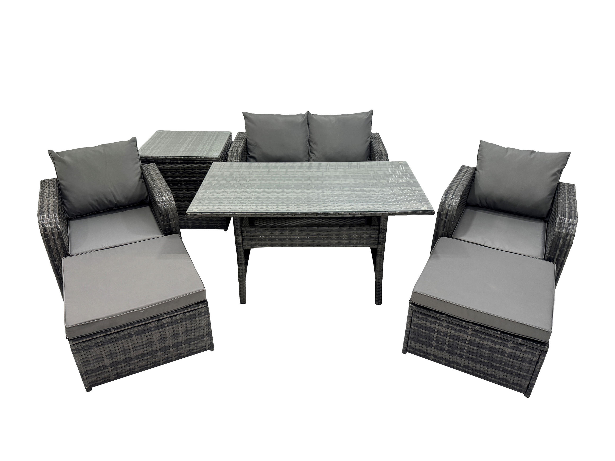 GARTENMÖBEL SET mit Hocker,Beistelltisch,Zweisitzer Polyrattan 6-Sitzer - Dunkelgrau/Grau, Glas/Kunststoff - Fimous
