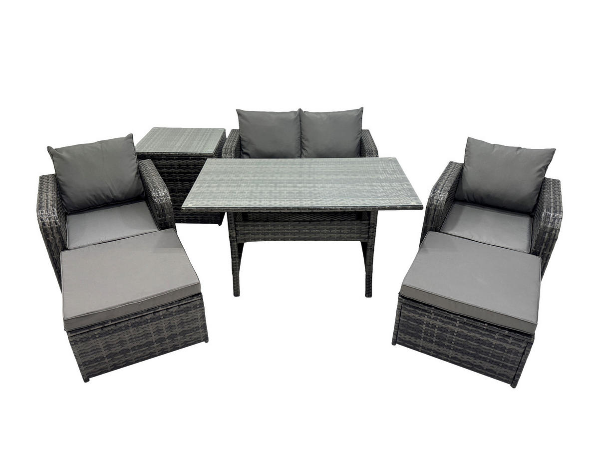GARTENMÖBEL SET mit Hocker,Beistelltisch,Zweisitzer Polyrattan 6-Sitzer - Dunkelgrau/Grau, Glas/Kunststoff - Fimous