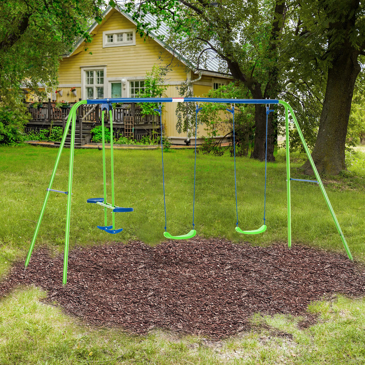 SCHAUKELGESTELL, Outdoor-Schaukelgerüst mit 2 Schaukeln, 1 Wippe, Grün - Grün, Metall (140/280cm) - Outsunny