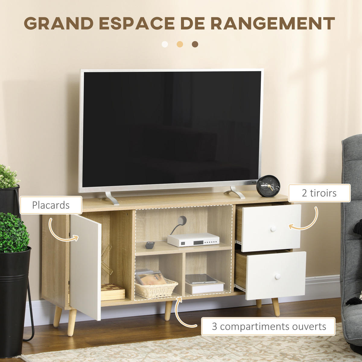 TV-LOWBOARD Weiß/Natur 120/30/60 cm, Massivholzfüße, 1 Tür, 2 Schubladen - Naturfarben, Holzwerkstoff (120/60/30cm) - PANGIVO
