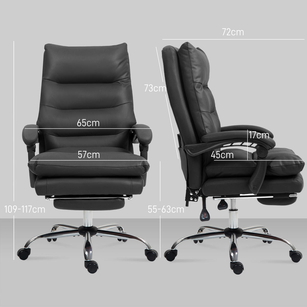 BÜROSTUHL mit Massagefunktion, Ergonomisch Schreibtischstuhl mit Liegefunktion - Schwarz, Metall (65/117/72cm) - Vinsetto