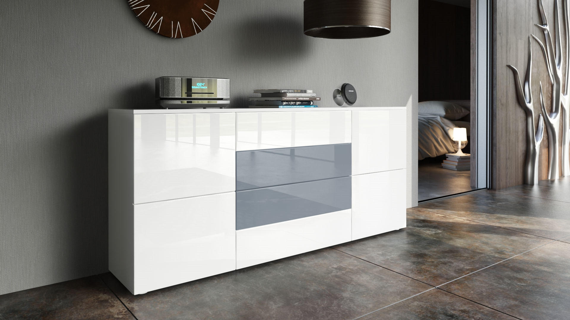 SIDEBOARD Rova Weiß Hochglanz / Grau Hochglanz - Weiß Hochglanz, Holzwerkstoff (166/72/35cm) - Vladon