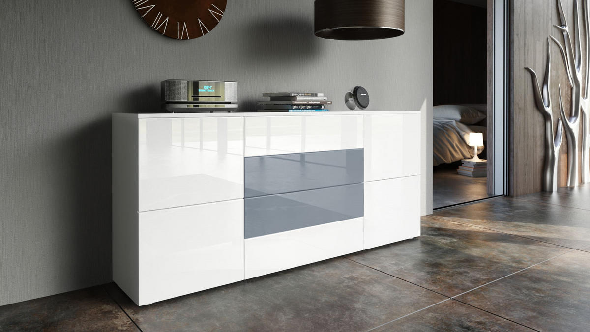 SIDEBOARD Rova Weiß Hochglanz / Grau Hochglanz - Weiß Hochglanz, Holzwerkstoff (166/72/35cm) - Vladon