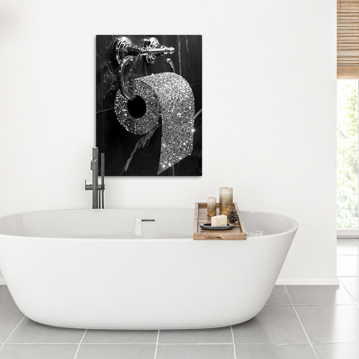 LEINWANDBILD WC - Toilettenpapier - Schwarz und weiß - Glitter 60x80 cm - Silberfarben, Textil (60/80cm) - MuchoWow