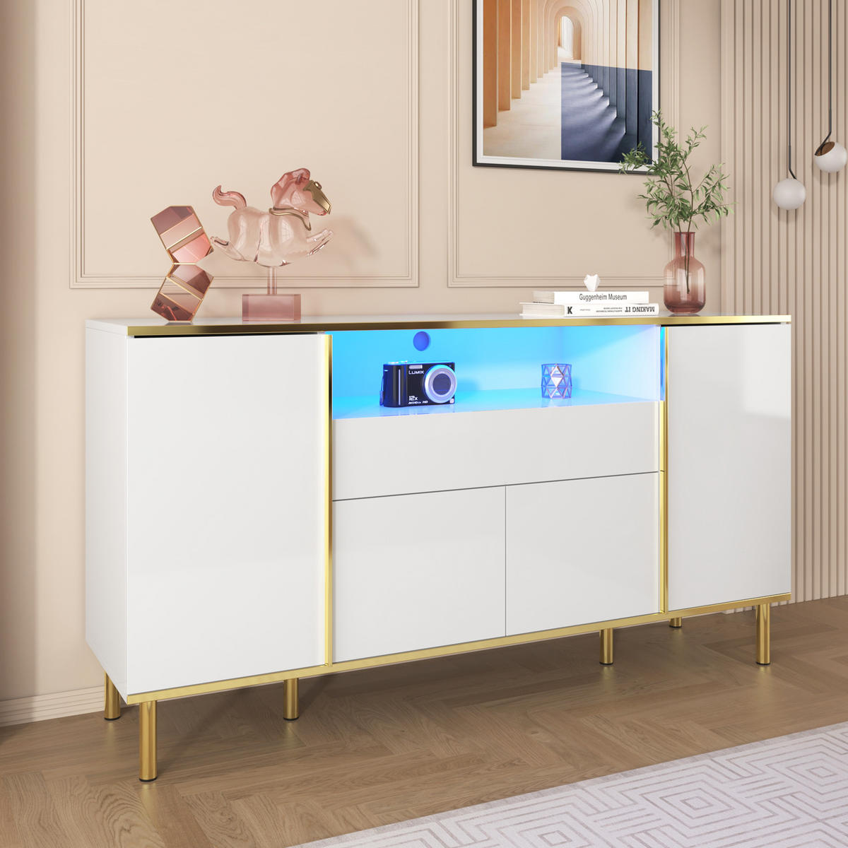 KUCHYŇSKÁ SKŘÍŇ bílá, zásuvka, úložný prostor, do obývacího pokoje a ložnice, 150×40×80 cm - bílá/zlatá, kov/kompozitní dřevo (150/80/40cm) - STILVORA