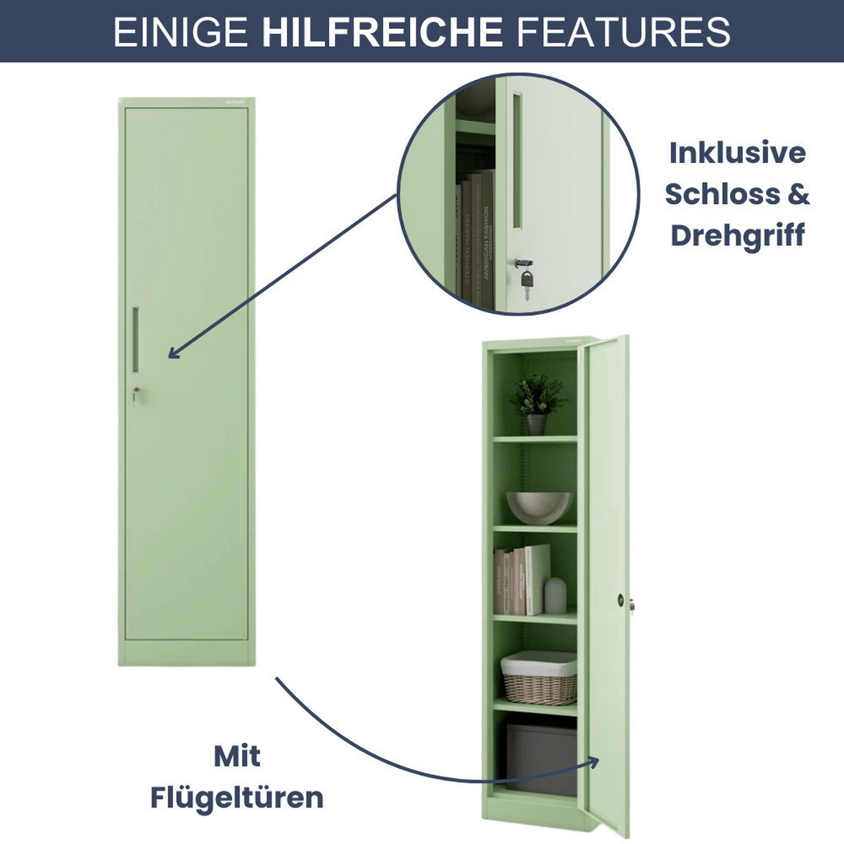 AKTENSCHRANK abschließbar KADO mit Flügeltüren 185x45x40cm Pastellgrün - Pastellgrün, Metall (45/185/40cm) - DELUKE
