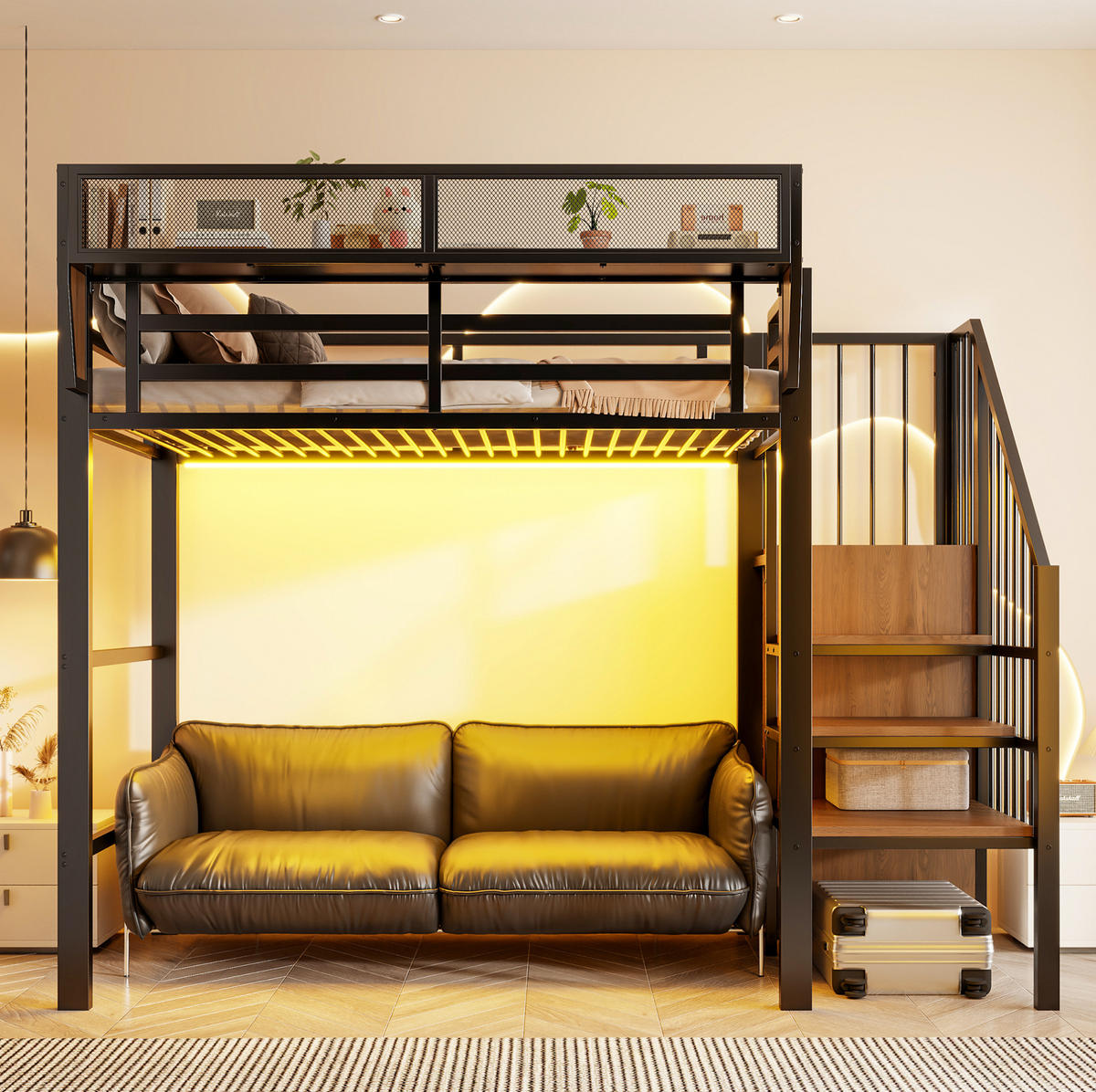 HOCHBETT 90/200 cm Schwarz mit LED und Sicherheitsleiter - Schwarz, Metall (90/200cm) - MIVRAY
