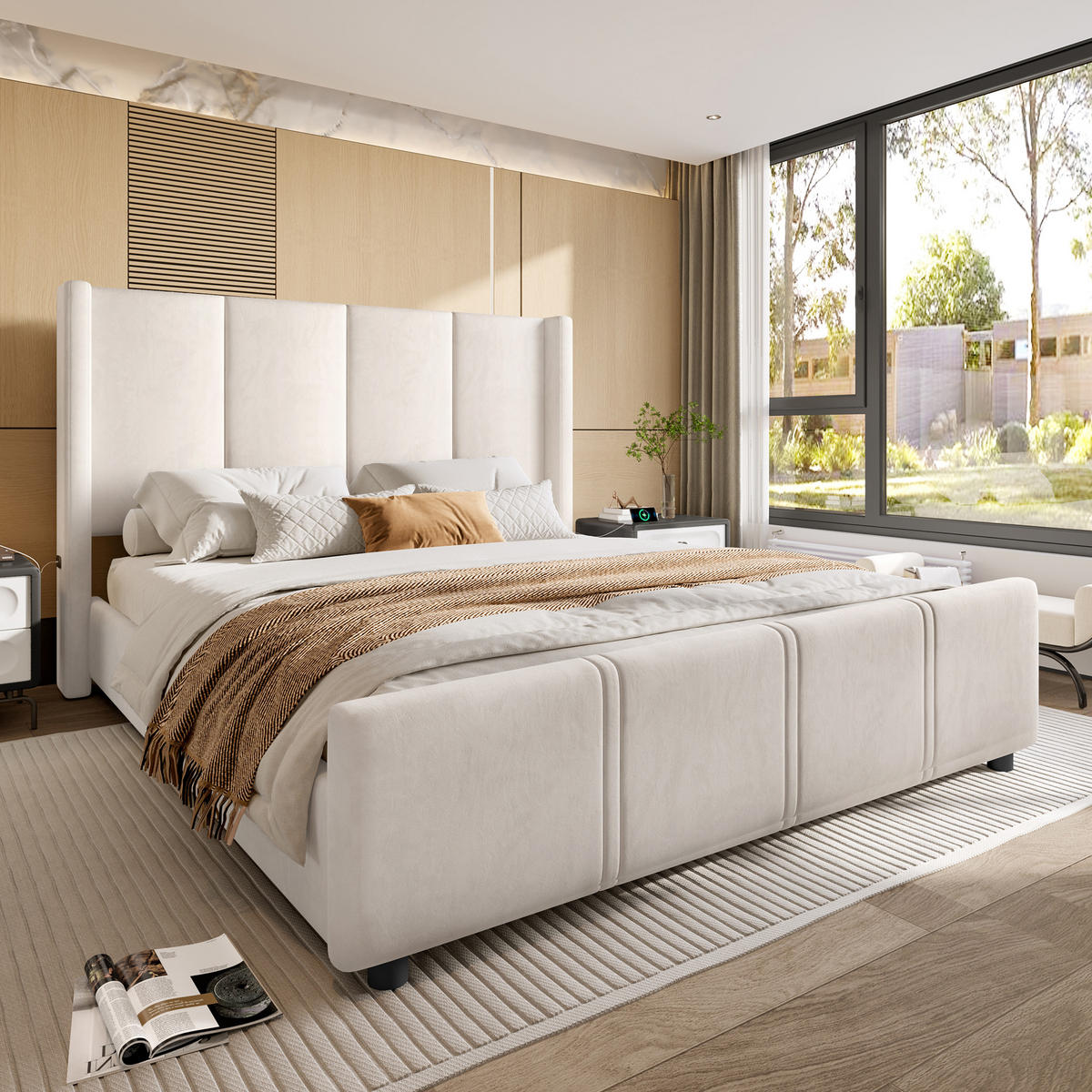 POLSTERBETT 140/200 cm in Beige Samt mit USB und Type-C - Beige, Holzwerkstoff/Textil (140/200cm) - WISHDOR
