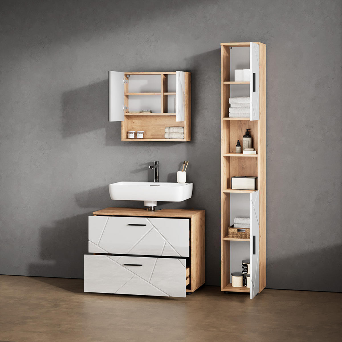BADMÖBEL-SET Ronco Weiß Hochglanz/Goldkraft Eiche 2 Teile - Weiß Hochglanz/Eiche Wotan, Holzwerkstoff (80/55/41cm) - Livinity®