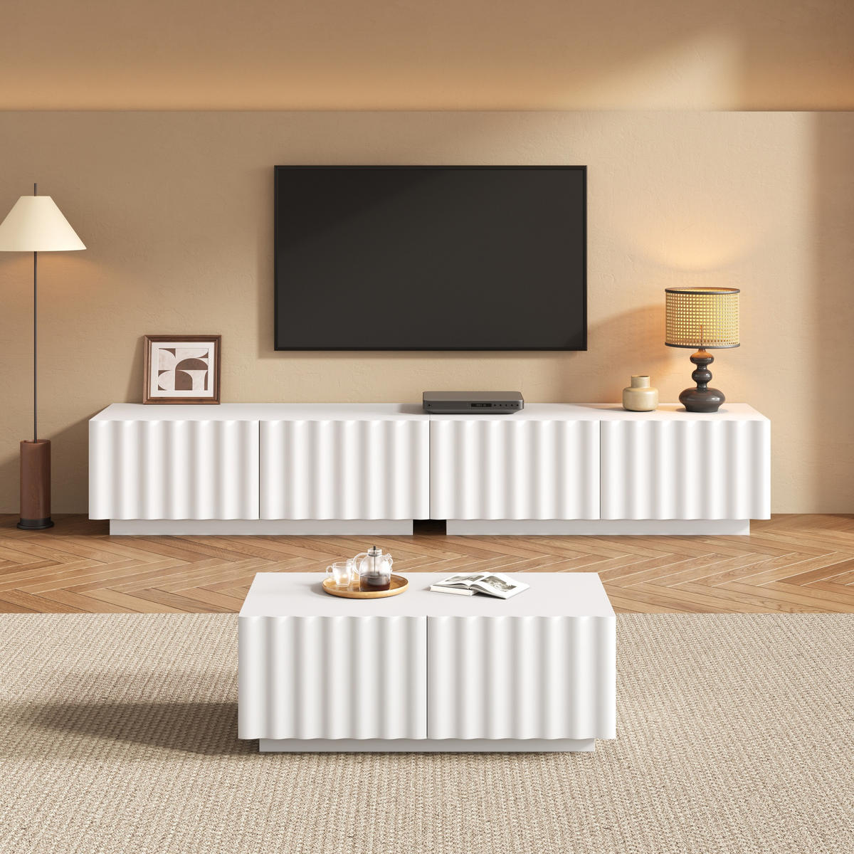 TV KOMODA Set s Klub Stolićem Valoviti Dekor - bijela, drvni materijal (200/35/40cm) - FLIEKS
