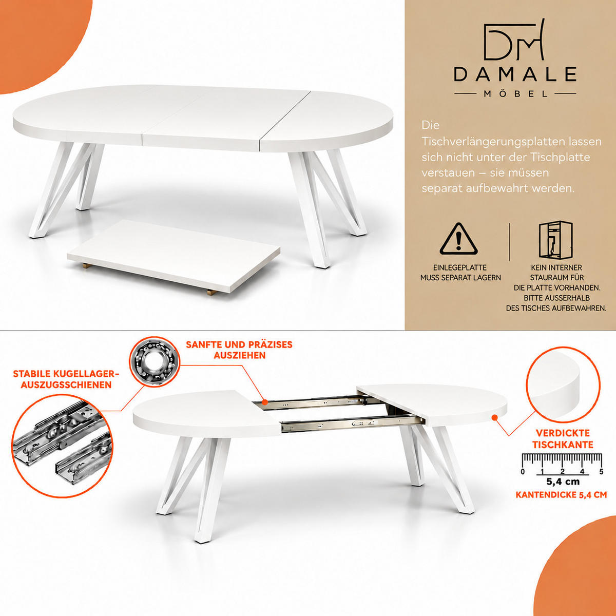 ESSTISCH rund ausziehbar 100/300/76 cm, Weiß, 54 cm Tischplatte + Industrial Metallgestell Weiß - Weiß, Holzwerkstoff/Metall (100/300/76cm) - Damale Möbel
