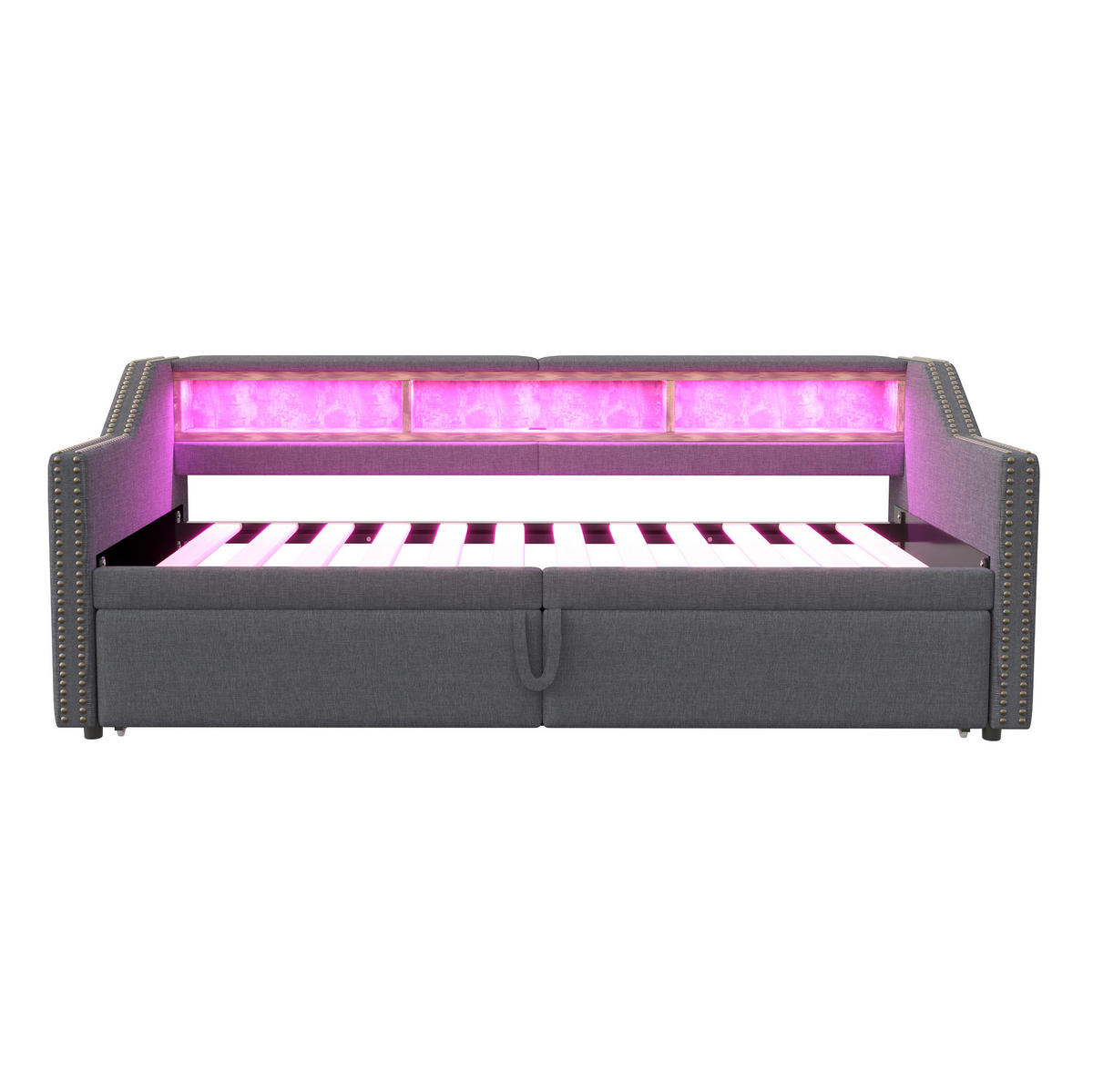 SCHLAFSOFA 90/200 cm mit Ausziehbett, LED, USB und 3 Ablagefächern, Dunkelgrau - Dunkelgrau, Textil (102/74/214cm) - Redom