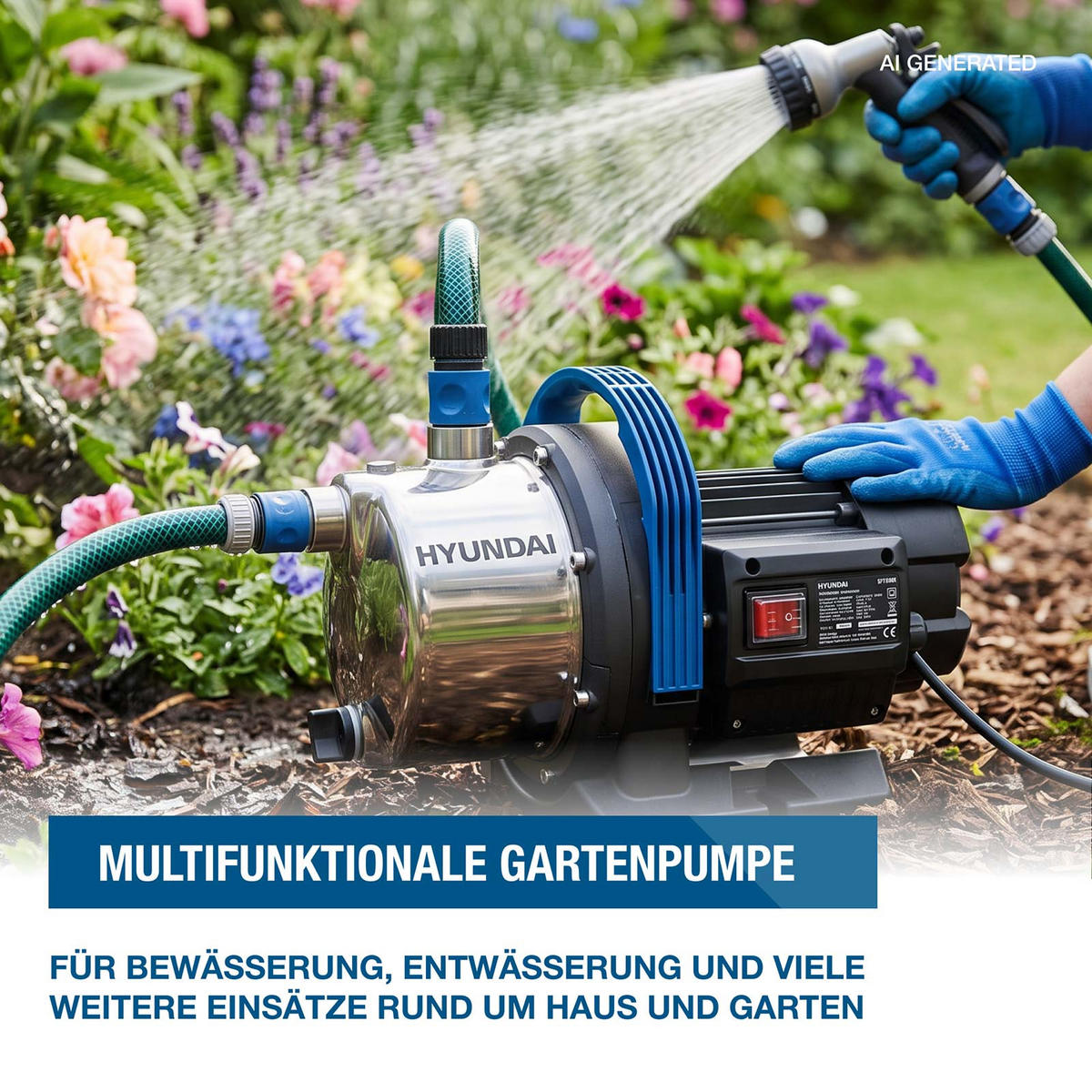 GARTENPUMPE GP12050 (1200W, 5.000 l/h, Förderhöhe max. 50m, Ansaughöhe max. 8m) - Schwarz, Kunststoff (22.1/23.7/37.1cm) - HYUNDAI