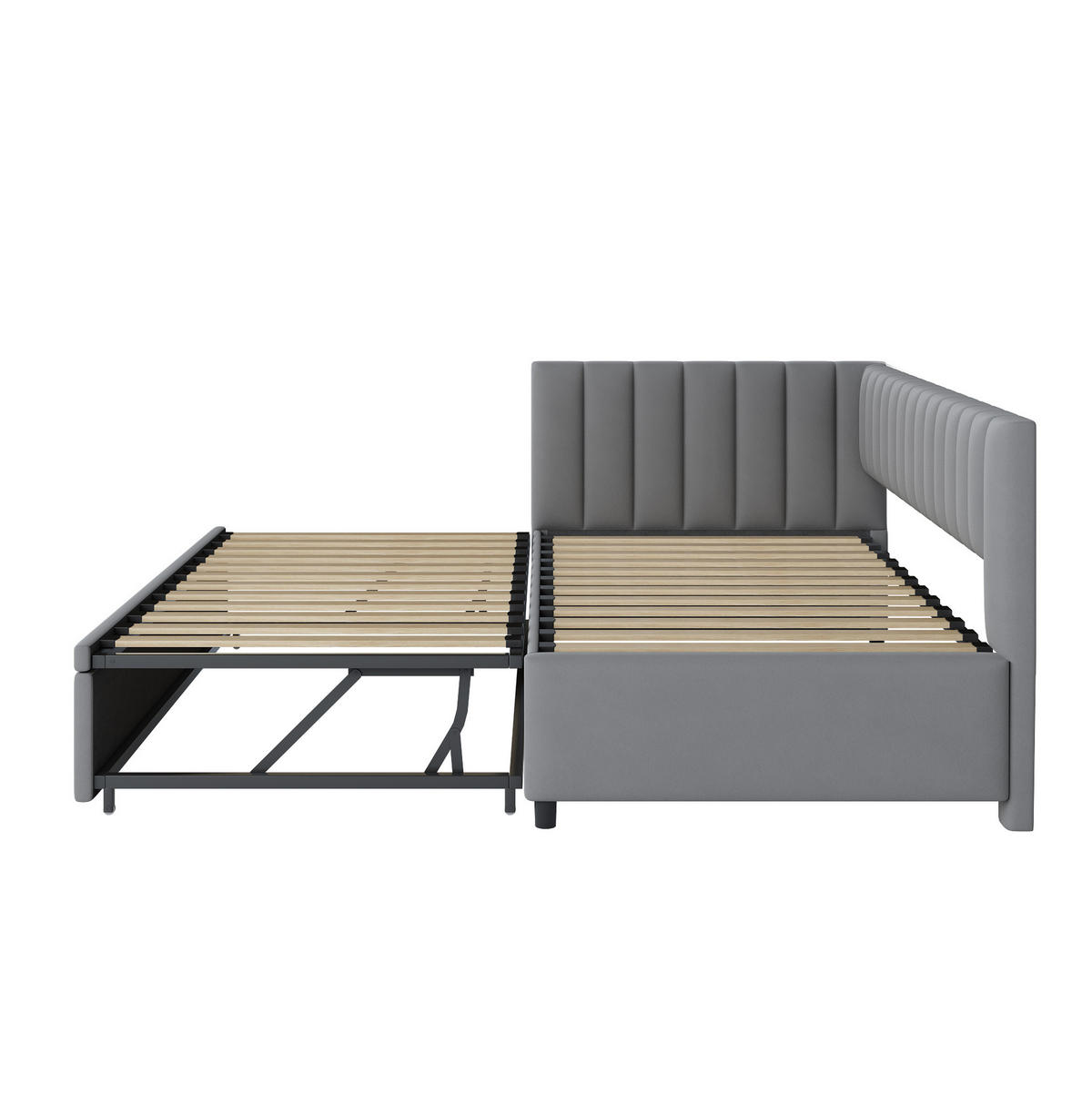 KAUČ na razvlačenje 90/200 cm sivi od baršuna s pomoćnim ležajem i L-oblikom - siva, tekstil (90/180cm) - OKWISH