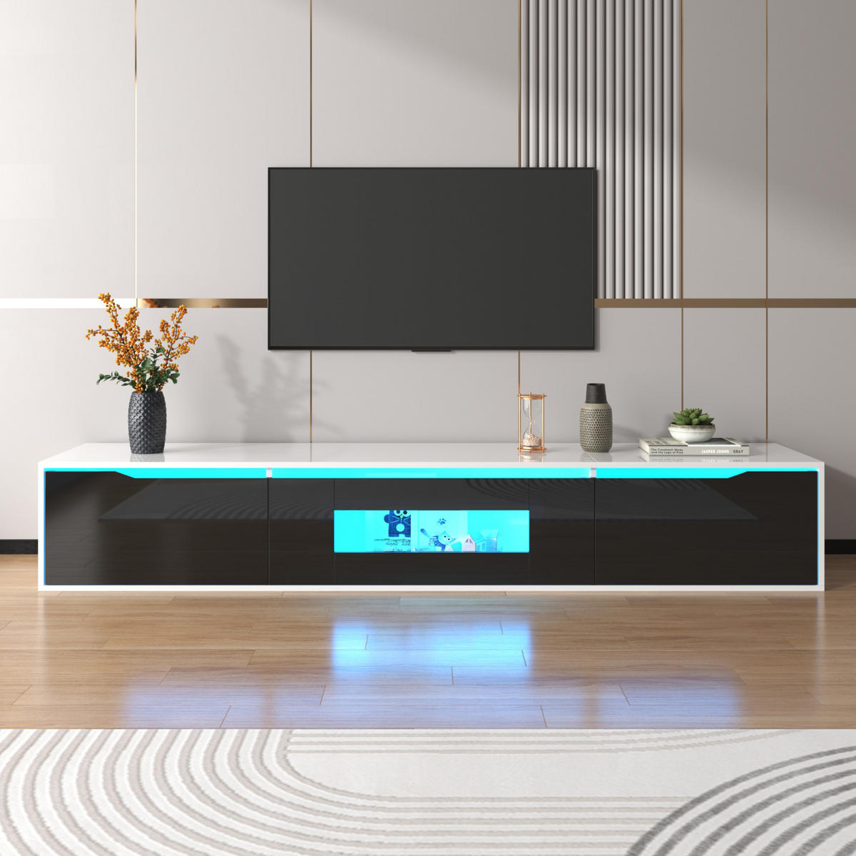 TV Lowboard LED, Hochglanz, Schwarz Weiß - Weiß, Holz (142/17/46cm)